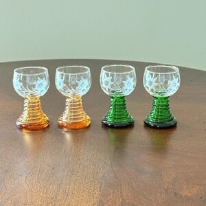 Beehive Stem Shot Glasses Small Etched Floral (4) 2 5/8" Tall Vintage Barware